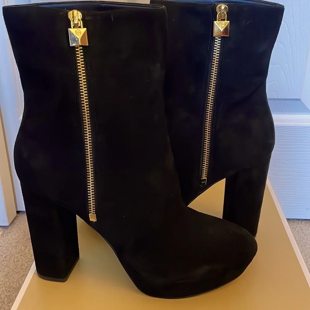 Michael Kors Black Suede Platform Ankle Boot with Gold Zip Accent